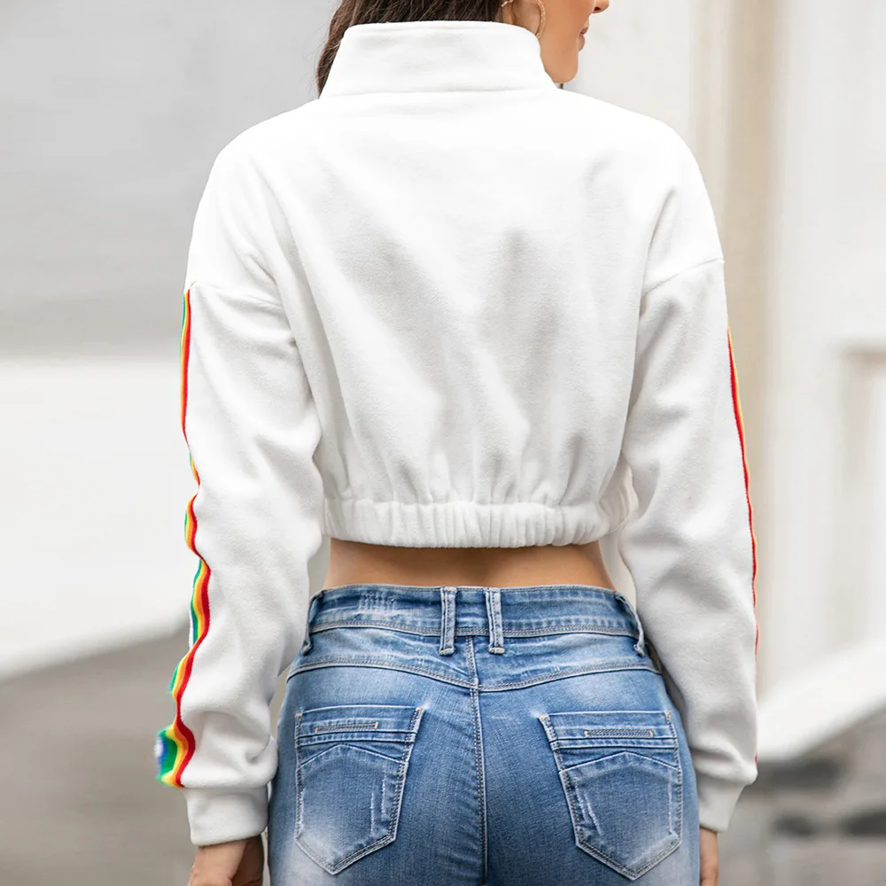 

Women Short Hoodies Casual Fleece Lapel Zipper Color Stripe Patchwork Long Sleeve Sweatshirt Autumn Winter Female Warm Crop Tops