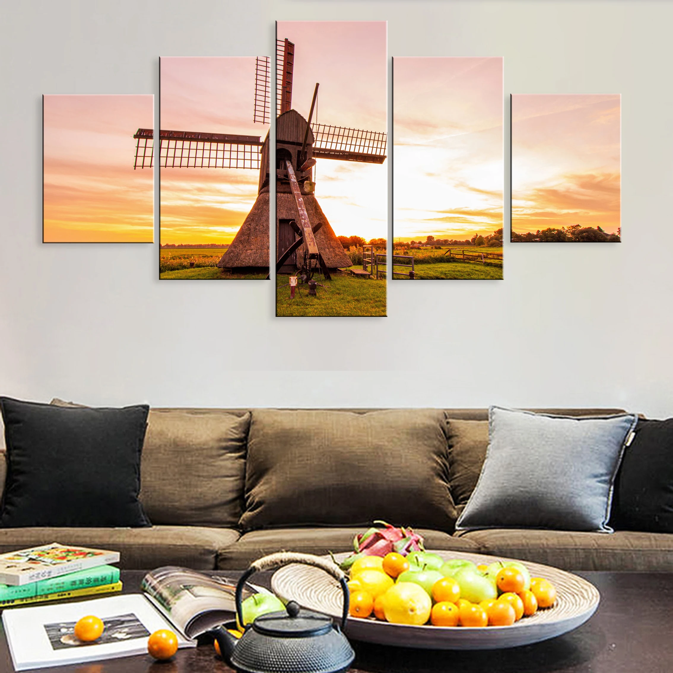 

Hd Printed Modern 5 Pieces Poster Painting Canvas Living Room Home Decor Framework Dutch Windmill Beautiful Scenery Landscape