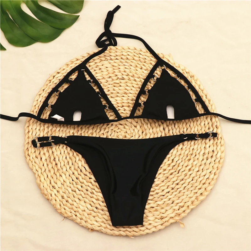 

Black Hollow Cut Bikinis Set Female Metal Rings Swimwear Deep-V Neck High Waist Solid Bathing Suit Women 2021 Bikini Swimsuit