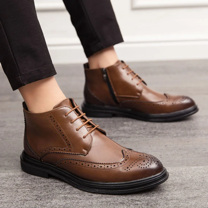 

Boots Fashion Chelsea Men Brogue Comfortable Dress Boots Men Lace Up Zips Men's Leather Shoes Zapatos Hombre Casual