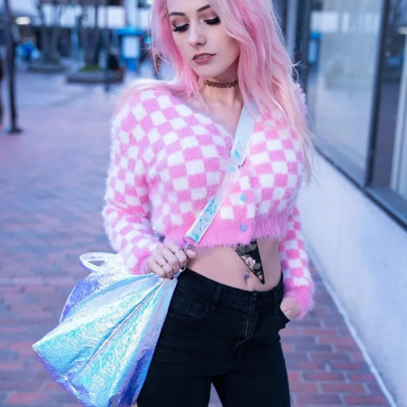 

sweater women pink checkerboard mink short cropped knitted cardigan jacket