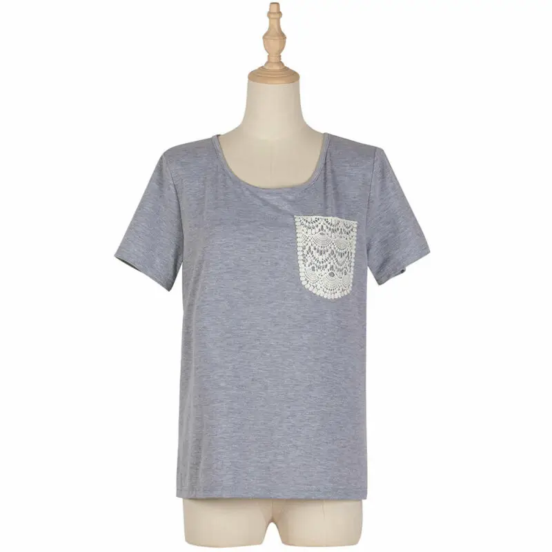 

t Shirt Female Summer Top Tees Lace Pockets Women Clothing Round Neck Short Sleeve Casual T-Shirt Tunic Loose Tops Women