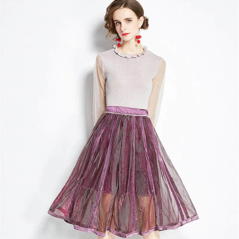 

Женский комплект из двух предметов, трикотажный топ с бисером и сетчатая юбка, сексуальный костюм для вечерние, весна-осень