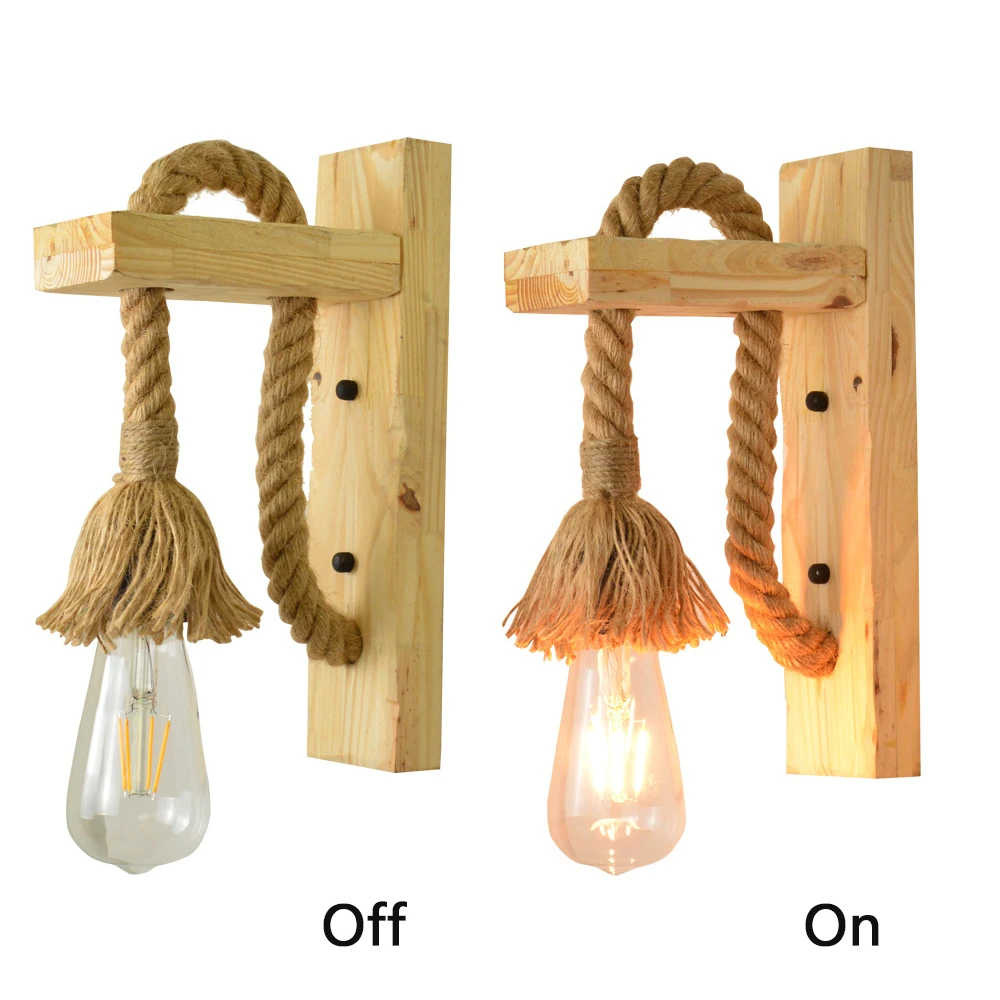Настенный светильник в стиле ретро деревянный настенный из пеньковой веревки