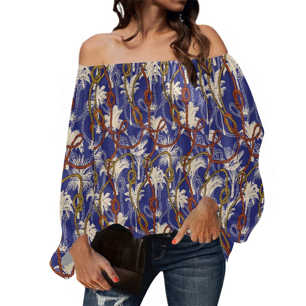 

Tropical With Twisted Ropes And Palms Woman Shirts And Blouses Long Sleeve Off Shoulder Chiffon Pullover Tops Custom