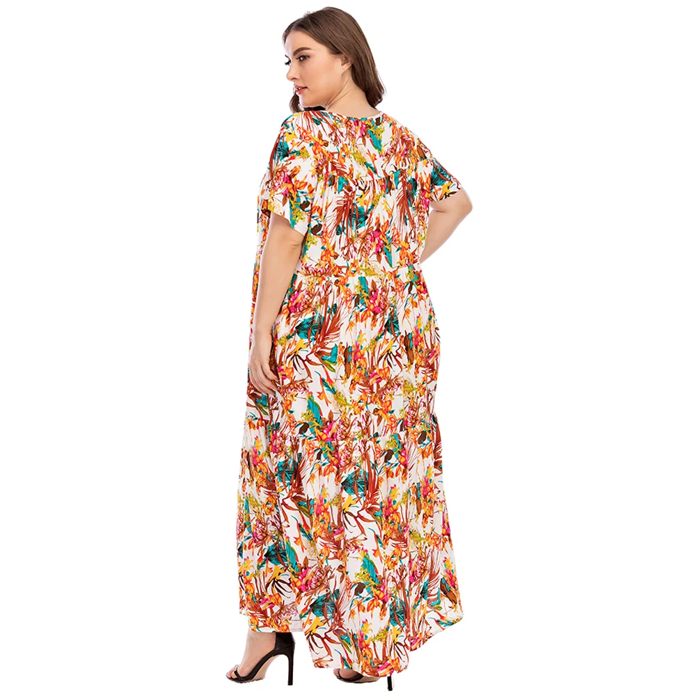 

Loose Plus Size Women Clothing 2021 Summer V Neck Short Sleeve Printing Casual Dress Cotton Big Oversized Maxi Long Dresses