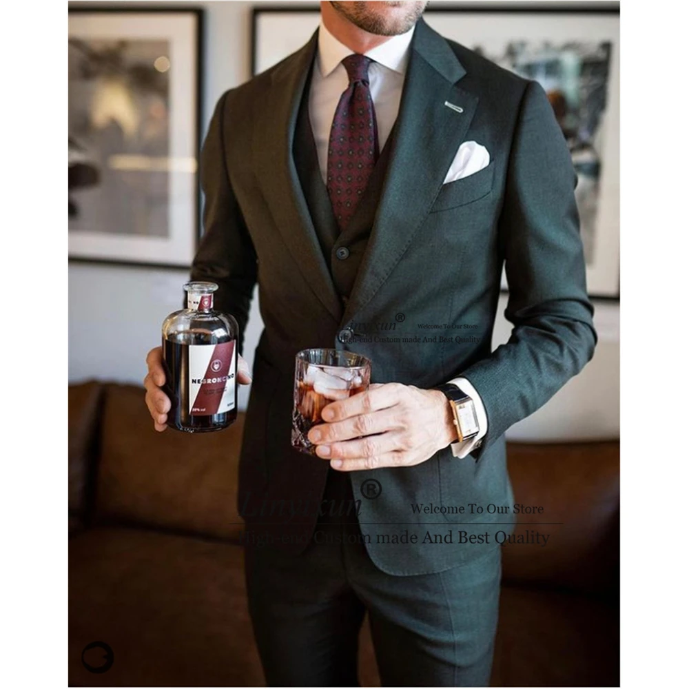 

Fashion Green Men Suits Formal Business Blazer Slim Fit Wedding Groom Tuxedo 3 Piece Set Banquet Jacket Vest Pants Costume Homme