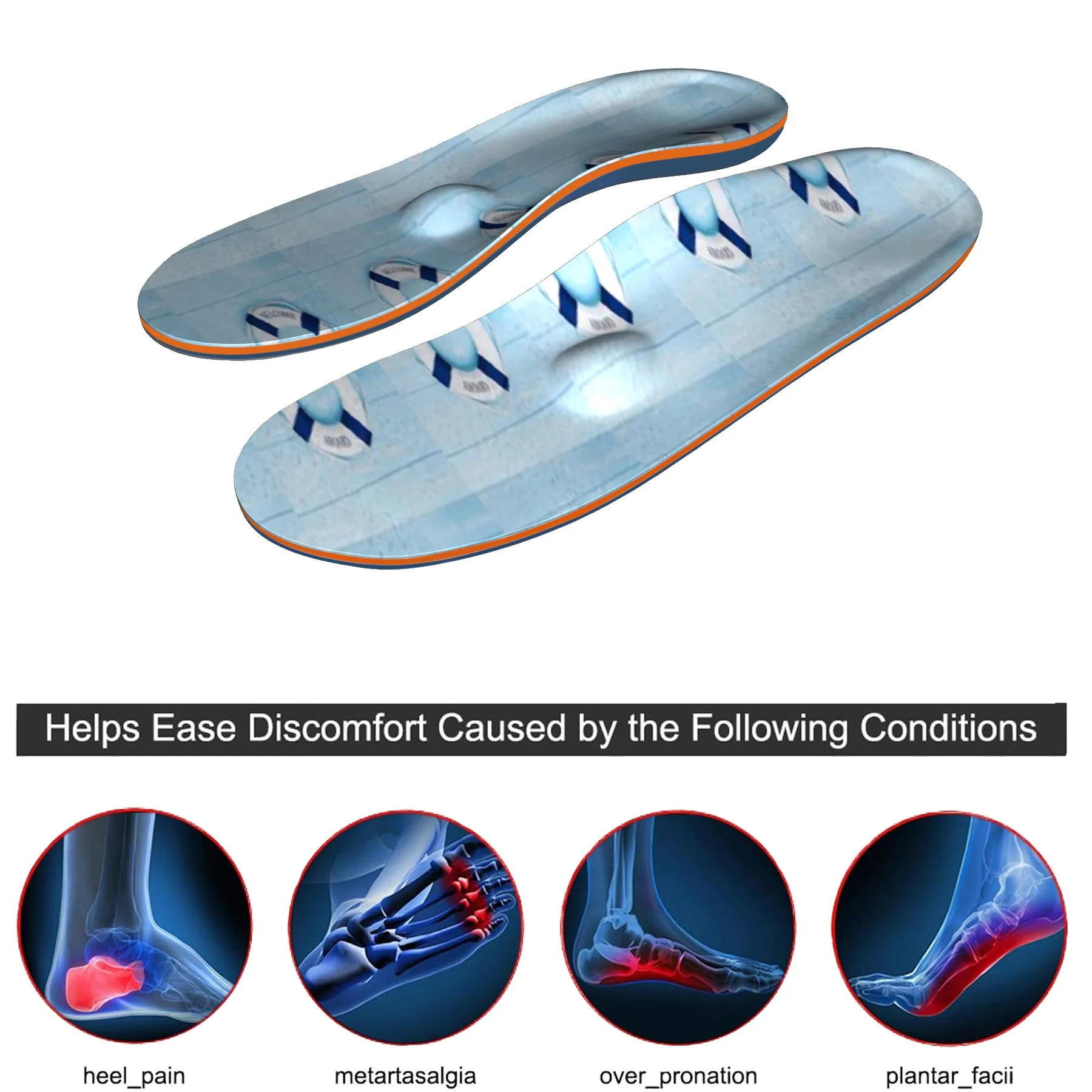 Light blue orthopedic insoles, plantar fasciitis, foot sports, running insoles, high arch support