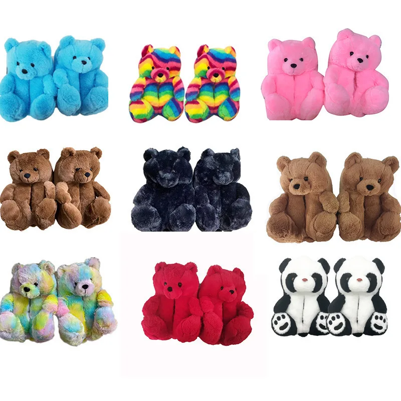 

Women House Teddy Bear Slippers Winter Cartoon Plush Home Slipper Warm Funny Indoor Shoes Female Animal Furry Faux Fur Slides