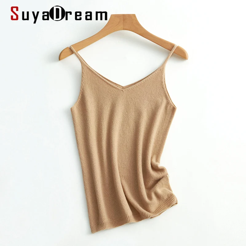 

SuyaDream Women Knit Camis 100%Wool Sleeveless Pullovers 2021 Fall Winter Simple Chic Knit Top White Pink
