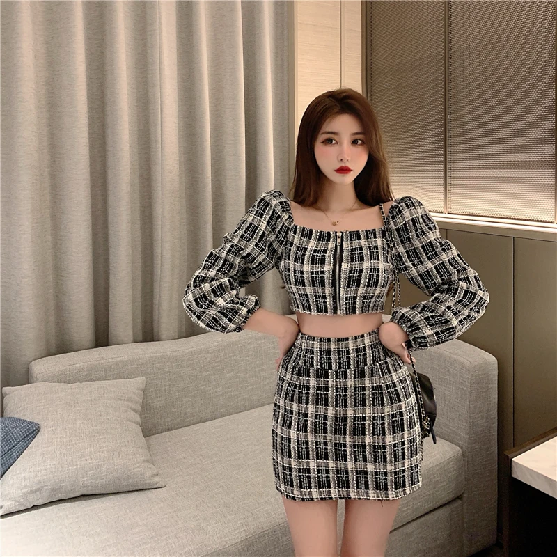 

Zoulv Autumn Fashion 2 Piece Outfits for Women Suits Vintage Plaid Two Piece Set Women Zipper Crop Top+Bodycon Mini Skirt Set
