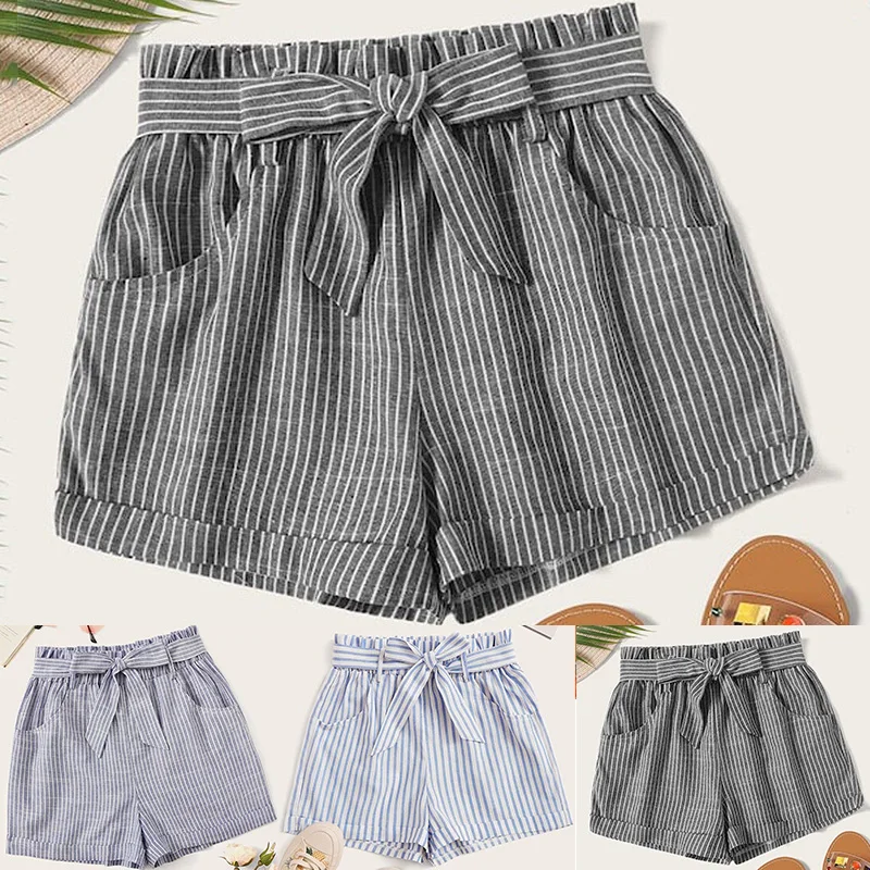 Шорты женские летние в полоску модные эластичные с завышенной талией бандажные