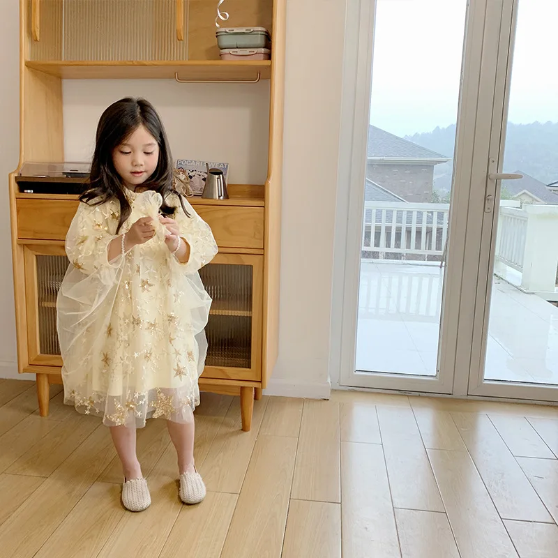 Spring fashion girls five-pointed star embroidery paillette princess dress 2020 kids mesh party dresses | Детская одежда и обувь