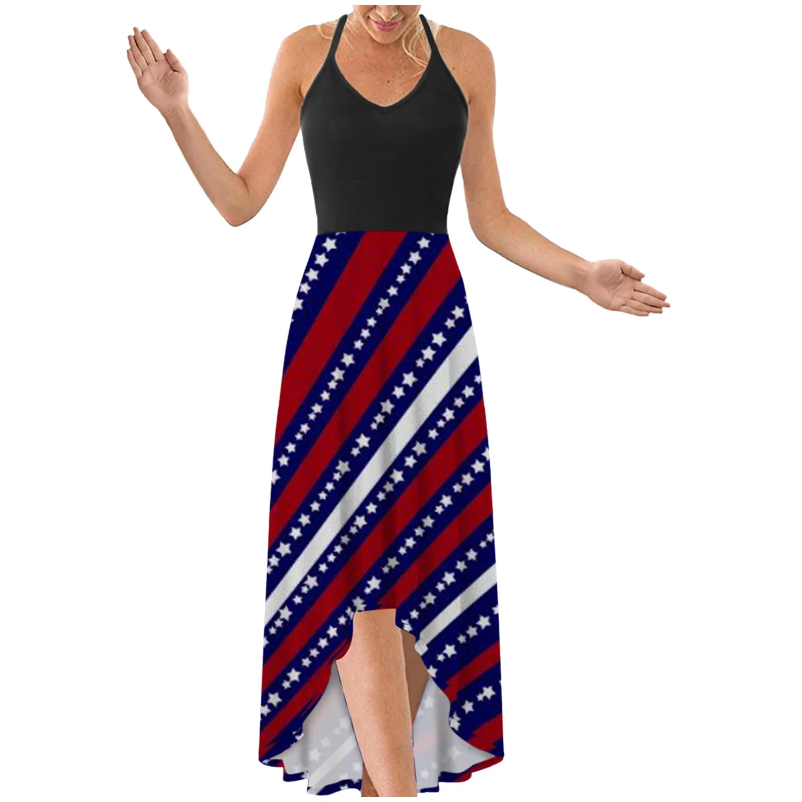 

Women's Fashion Independence Day Printed V-Neck Sling Irregular Hem Dress vestidos casual women's dresses sundresses
