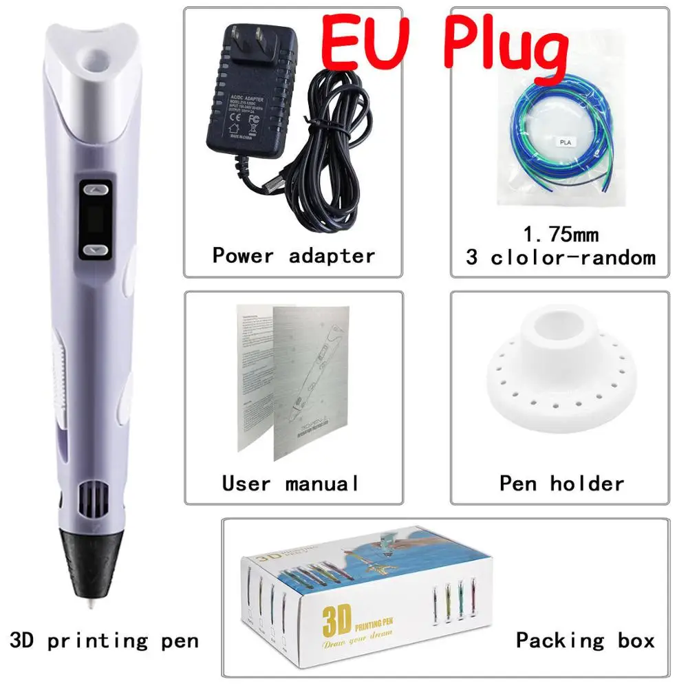 Purple EU EU/UK/US/AU Plug 3D Ручка для печати 1,75 мм PLA/ABS умные 3D ручки для рисования детские игрушки для рисования Детские Картины Сделай Сам ручка подарки - Цвет: Purple EU