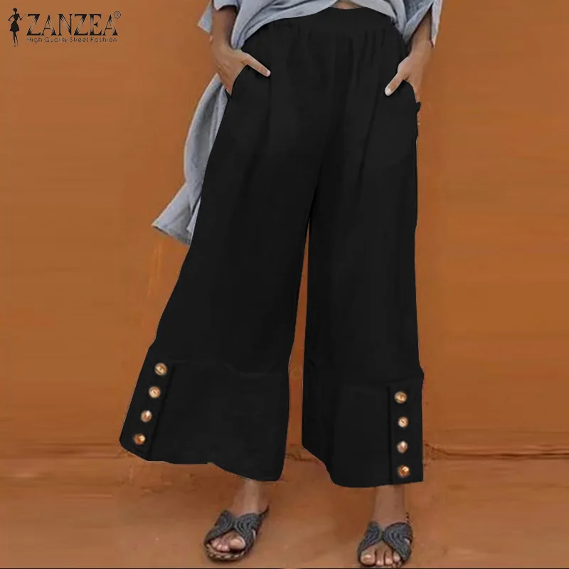 

Брюки ZANZEA женские с широкими штанинами, Свободные повседневные однотонные штаны с эластичным поясом, с карманами, на пуговицах, большие раз...