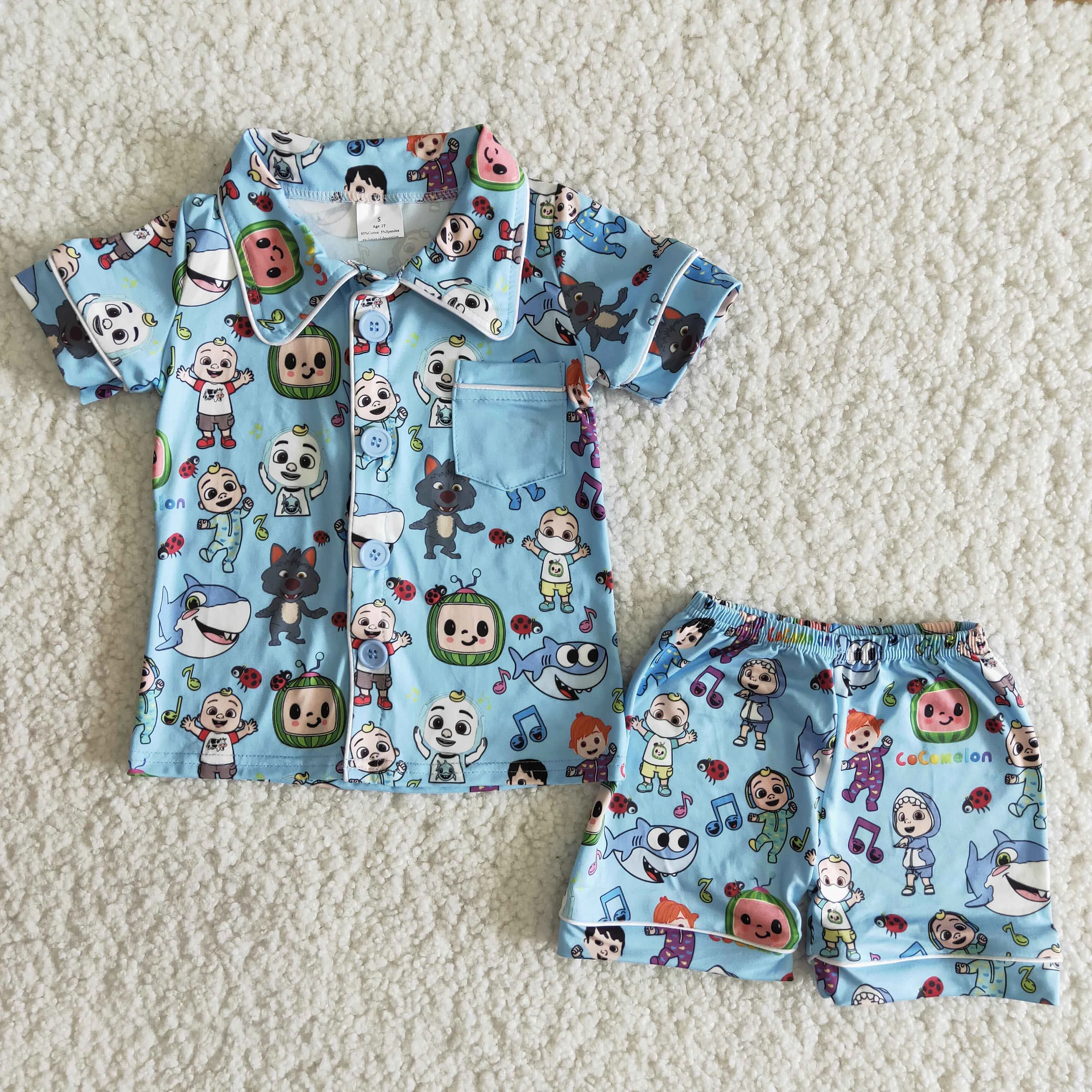 

Cute cartoon children's pajamas summer short-sleeved pocket Turn-down Collar newborn baby boys girls children soft pajamas