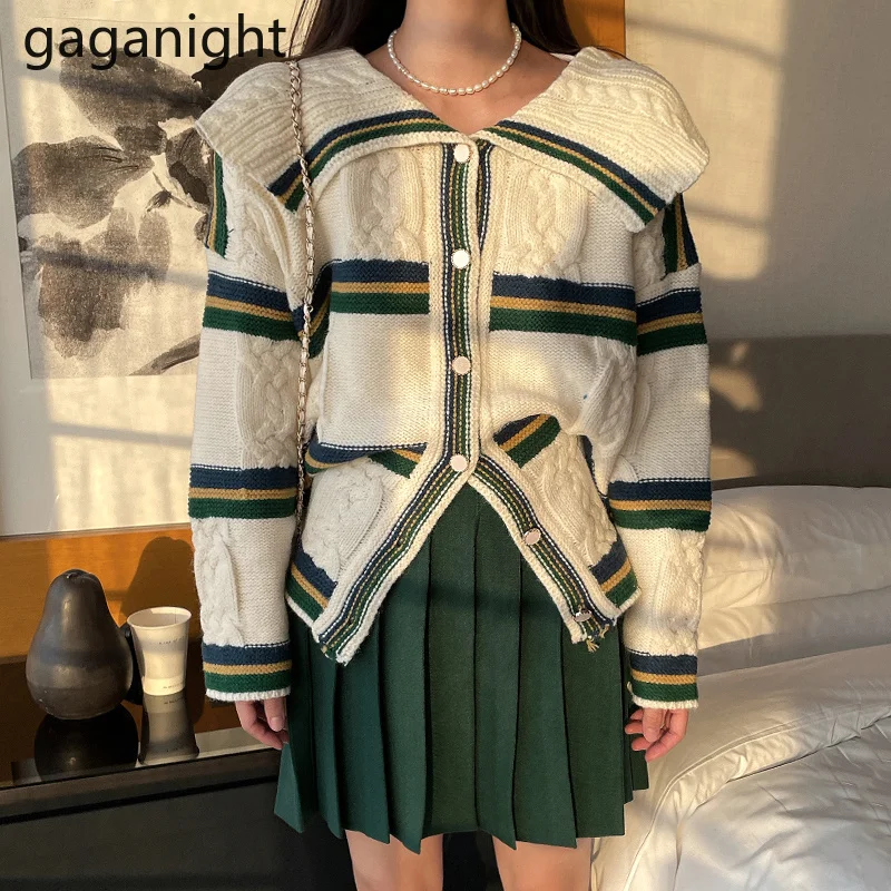 

Gaganight Женский вязаный кардиган, корейский шикарный темпераментный контрастный свободный свитер с большими лацканами в полоску, плиссирова...