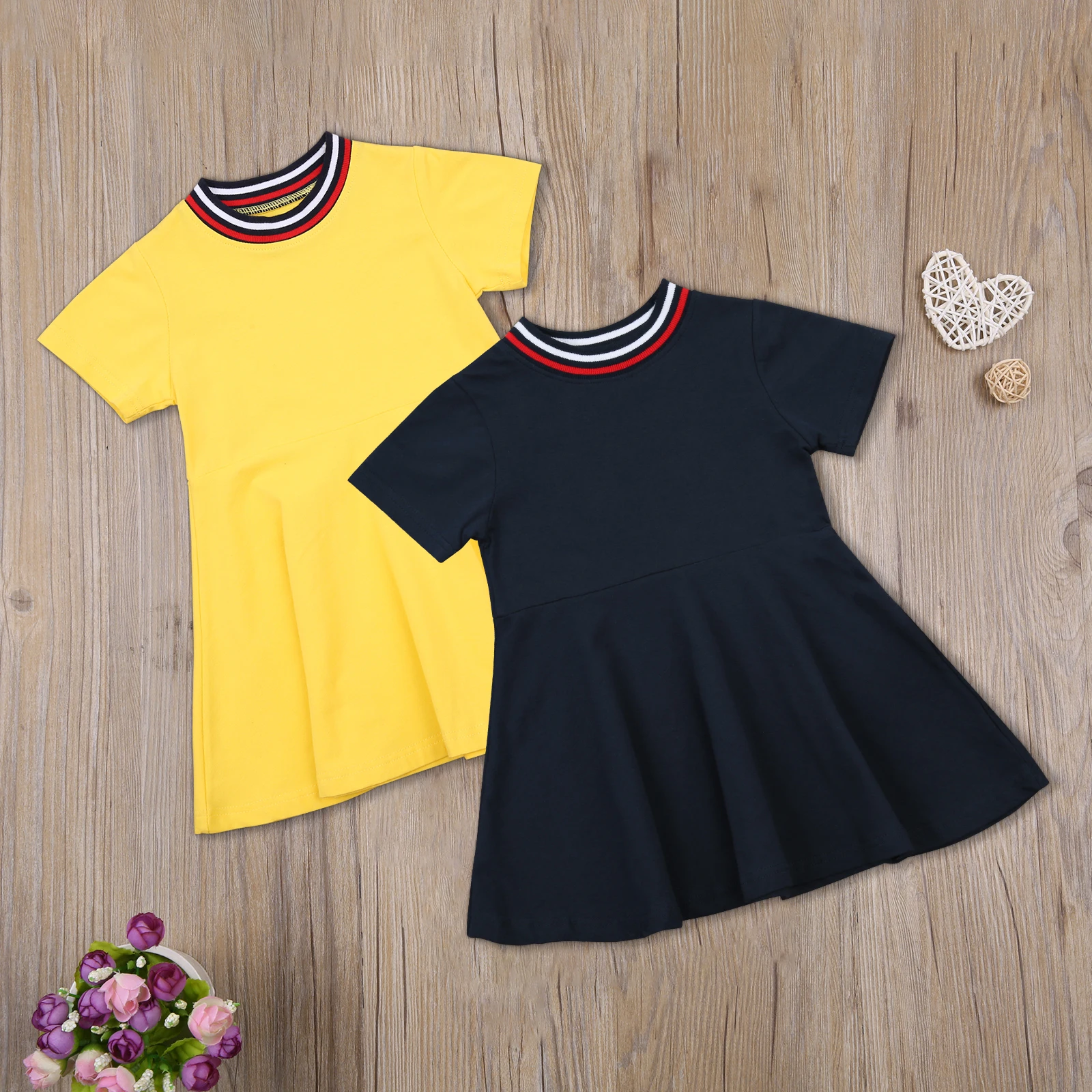 

Girls Casual Short Sleeve Dress Cute Round Collar Loose Style Navy/ Yellow Navy/ Yellow 2-7 Years Spring/ Summer