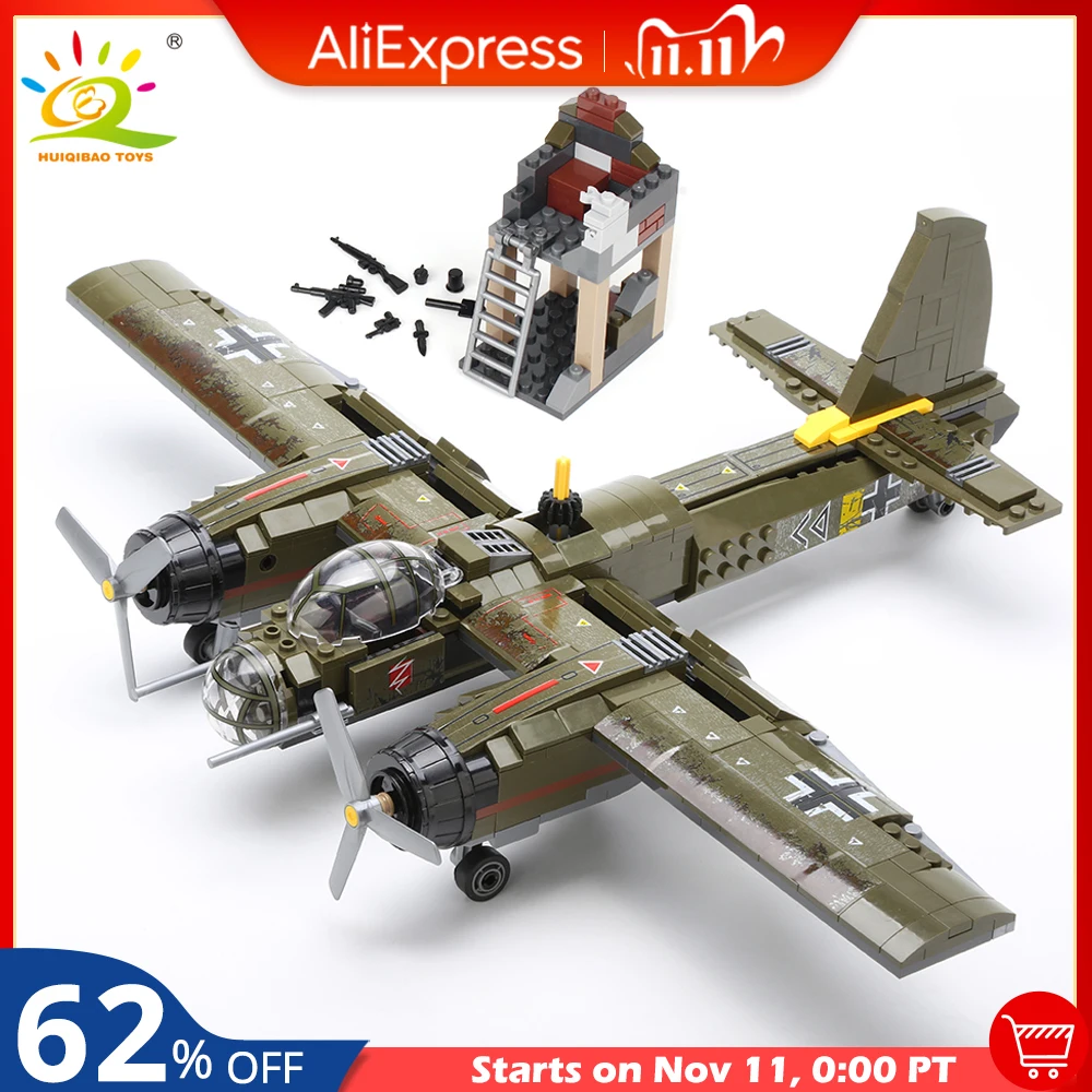 

HUIQIBAO 559pcs Military Ju-88 Bombing Plane Building Block WW2 Helicopter Army Weapon Soldier Model Bricks Kit Toy for Children