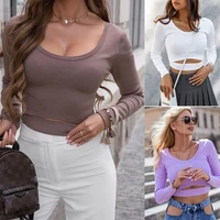 women sexy long sleeve o neck crop top femme tank party bodycon hollow vest tee ladies fashion autunmn solid tops pullover