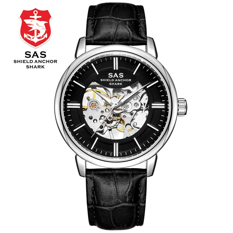 black Sas Shield Anchor Shark Лидирующий бренд Мужские часы Скелет механические часы кожаный ремешок Часы мужские Бизнес Мода erkek kol saati - Цвет: black