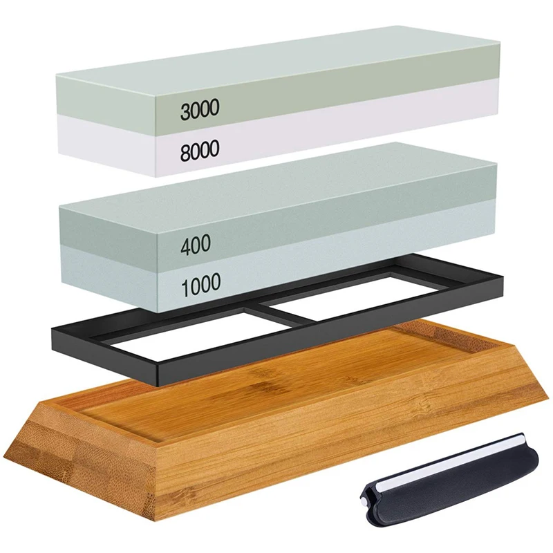 

Sharpening Stone Set, Whetstone 2-IN-1 400/1000 3000/8000 Grit, Waterstone Wooden Holder and Knife Guide Included