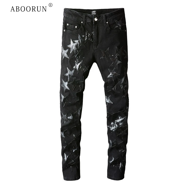 

Мужские черные рваные джинсы ABOORUN, Стрейчевые облегающие джинсовые брюки со звездами в стиле пэчворк, уличная одежда для мужчин