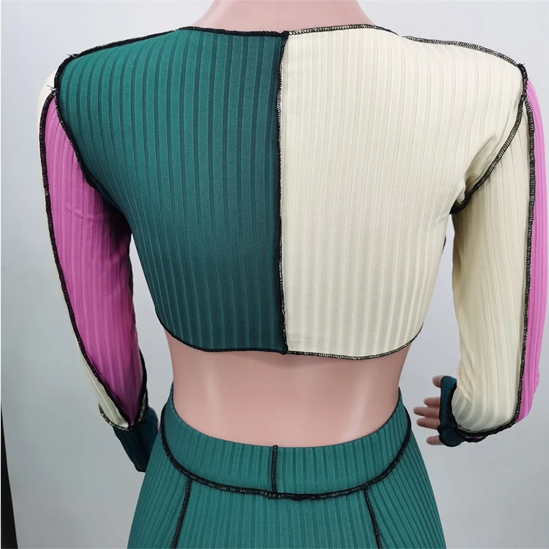 

Sexy Women Suits 2 Piece Dress Set V Neck Long Sleeve Crop Top and Mini Skirt Outfits Slim Party Dress