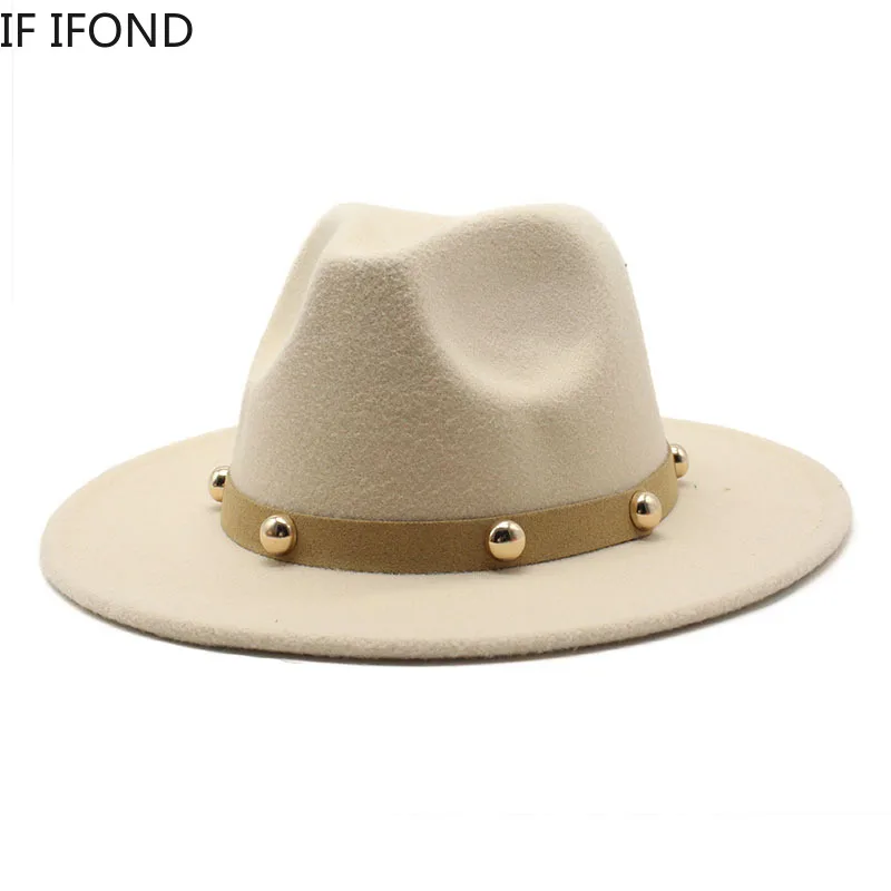 

Lady Elegant Felt Hat For Women Solid Beige Trilby Fedora Hats Wide Brim Winter Autumn Top Jazz Dress Caps