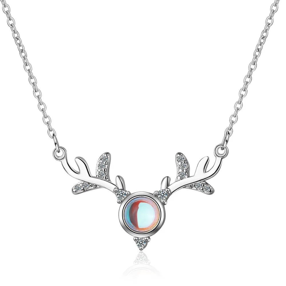 

2021 New Fashion Silver Plated Elk Micro Inlaid Necklace Artificial Moonstone Mesh Red Jewelry Fashion Trend