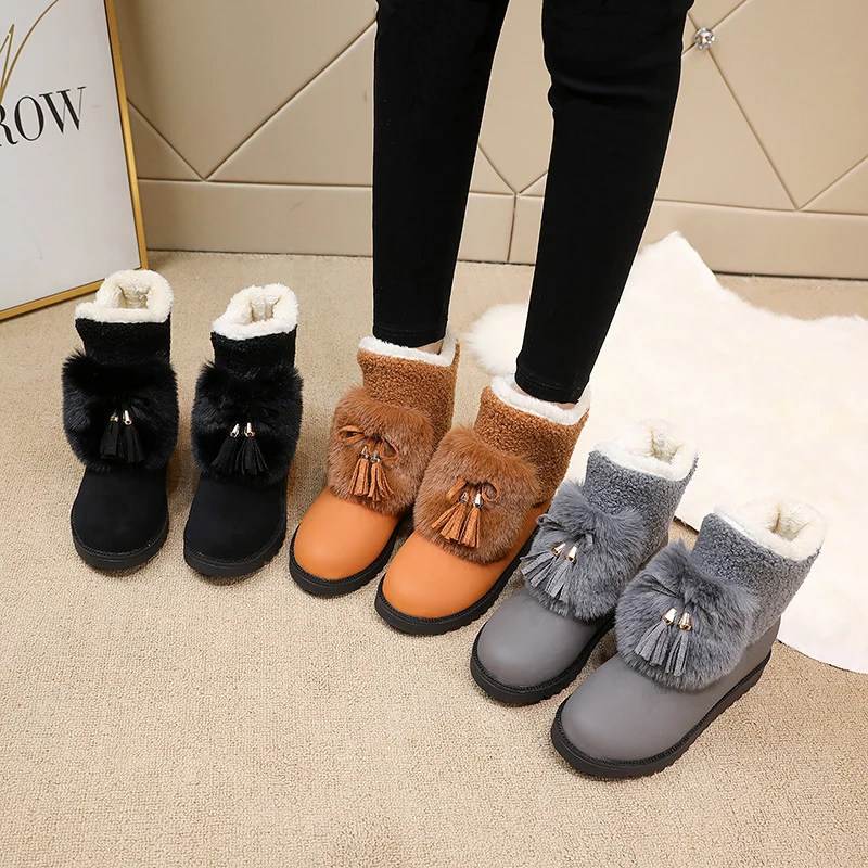 

Snow Boots Women Winter Tassel Faux Fur Slip on Female Shoes Fashion Platform Ankle Boots Warm Plush Flat Heel Short warm Boots