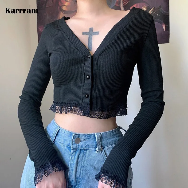 

Karrram Autumn Vintage Gothic Lace Black Cardigan Harajuku Sexy V Neck Long Sleeve Crop Top Women Knitted Button Up Cardigan