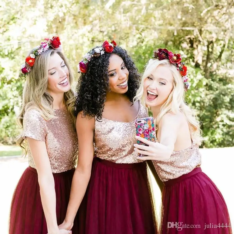 2020 Бордовые Платья для подружки невесты из розового золота с пайетками вечерние