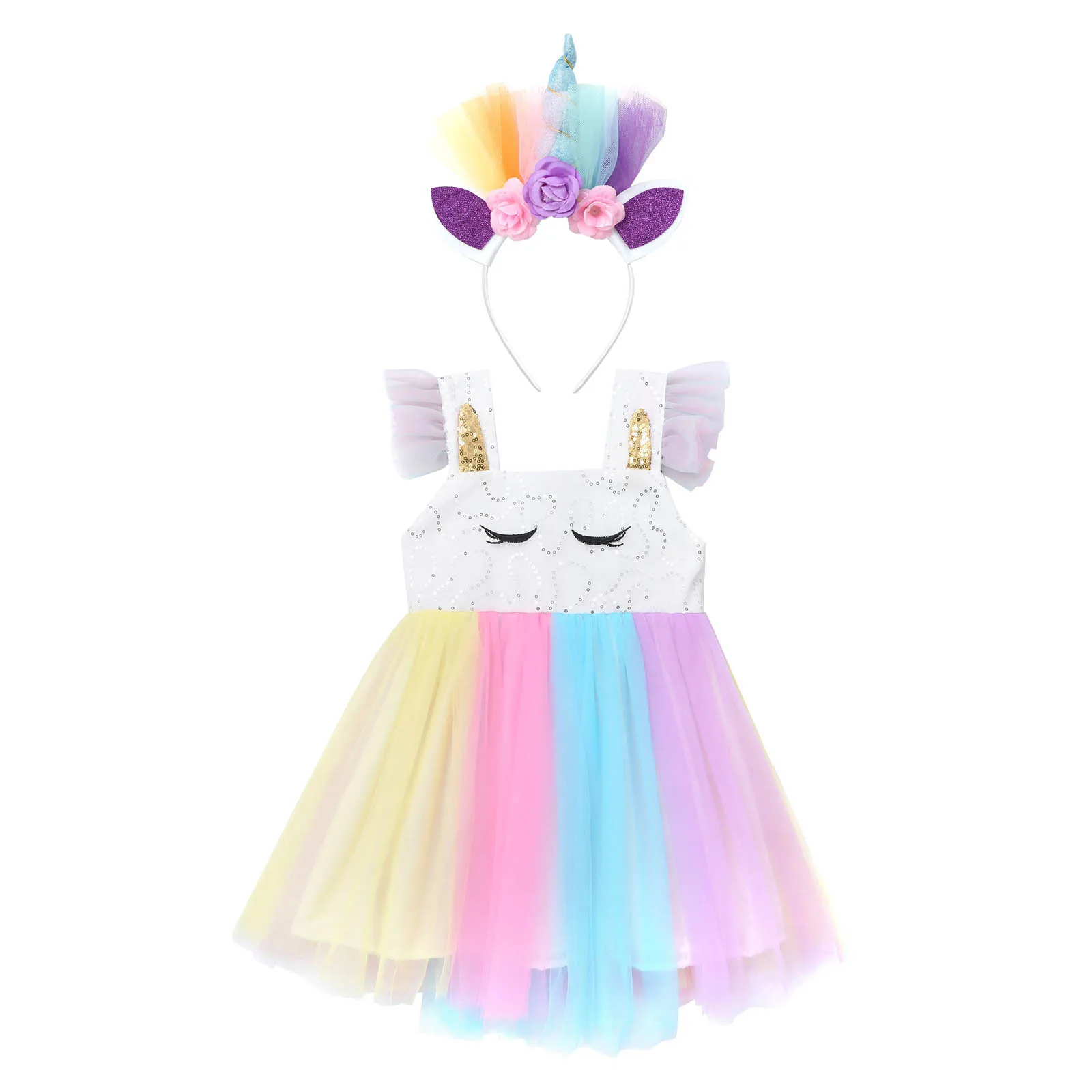 

Kids Girls Cosplay Outfit Tutu Dress Halloween Cosplay Costume Sleeveless Sequins Top Cat Ears Hair Hoop Headwear with Flower