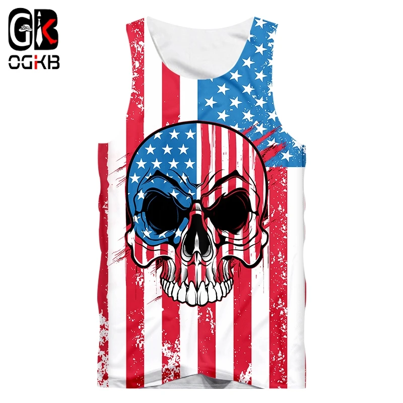 

OGKB Tank Tops Men Funny Cool 3D Print American Flag Skull shirts Harajuku Sleeveless Vest Plus Size Casual Streetwear Unisex