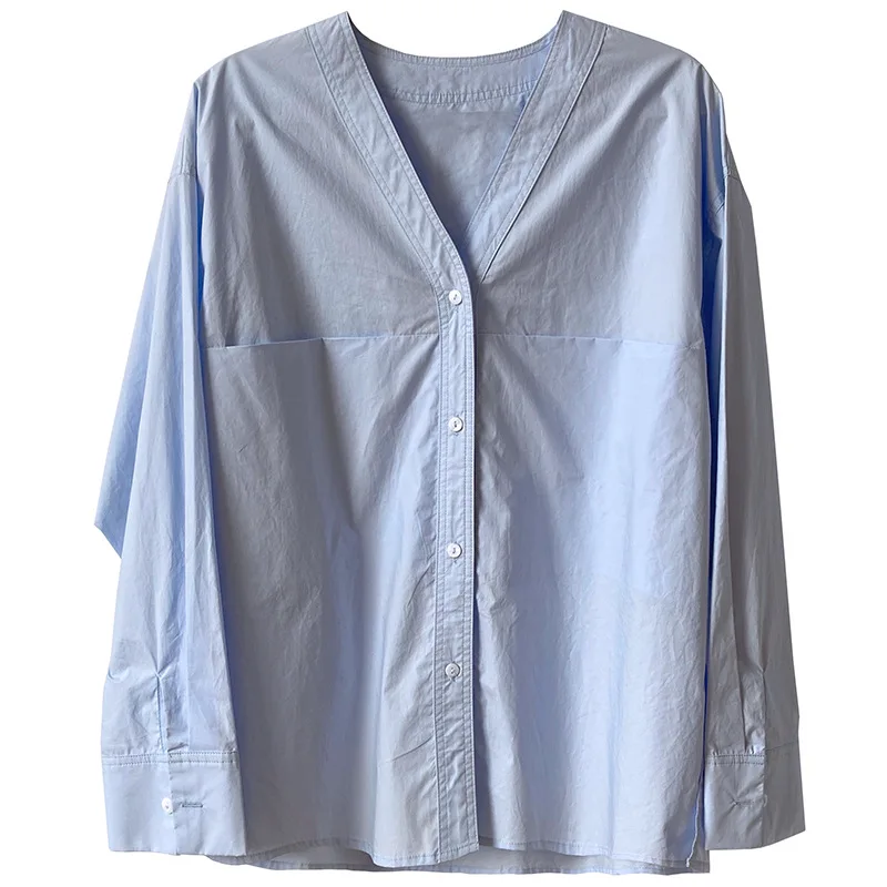 

Simple V-neck Long-sleeved Shirt Women 2020 Early Autumn Retro Loose Shirts Female Wild White Blouses NS2128