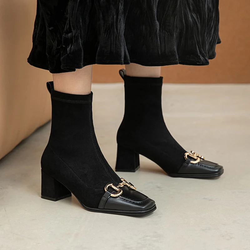 

Женские эластичные ботинки-носки, черные ботинки на среднем каблуке с квадратным носком, новинка весны-осени 2021, женские ботинки на толстом каблуке