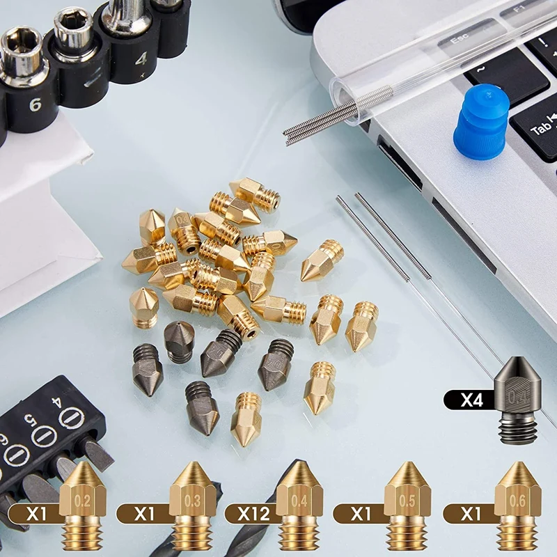 

25 Pcs MK8 3D Printer Extruder Nozzle Hardened Steel, Brass Nozzle MK8 Cleaning Needle, for Makerbot, Ender 3