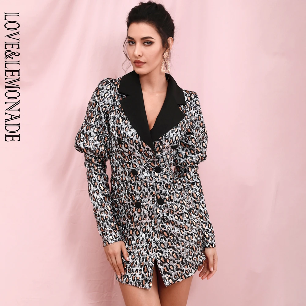 Женское платье блейзер LOVE & LEMONADE леопардовое облегающее с V образным вырезом и