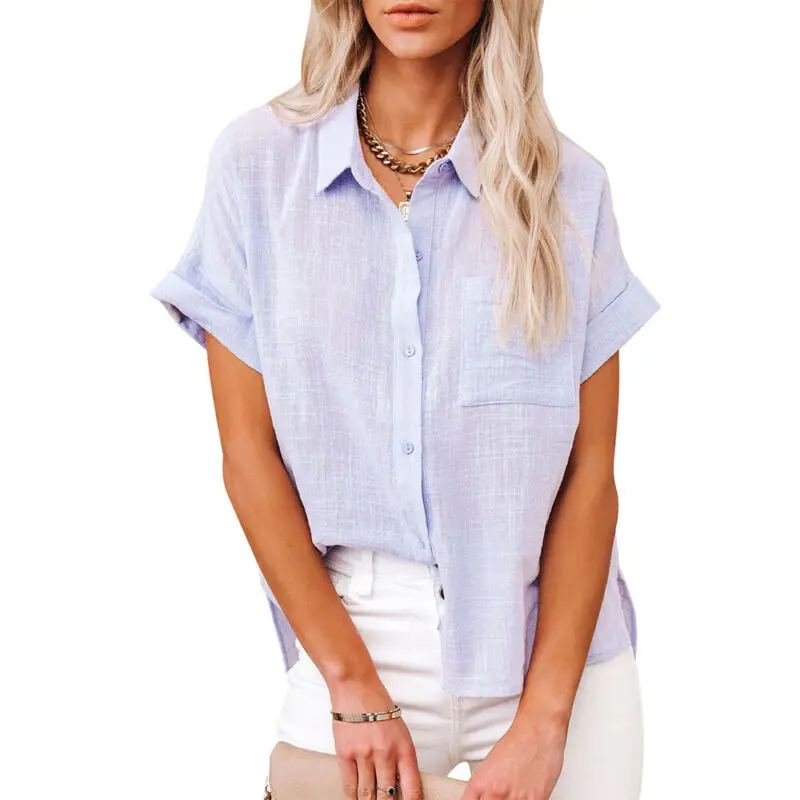 

Turn-down Collar Solid Color Womens Short Sleeve Casual Loose Button Up Summer 2021 Tee Shirt Tops Pockets Fashion Clothes