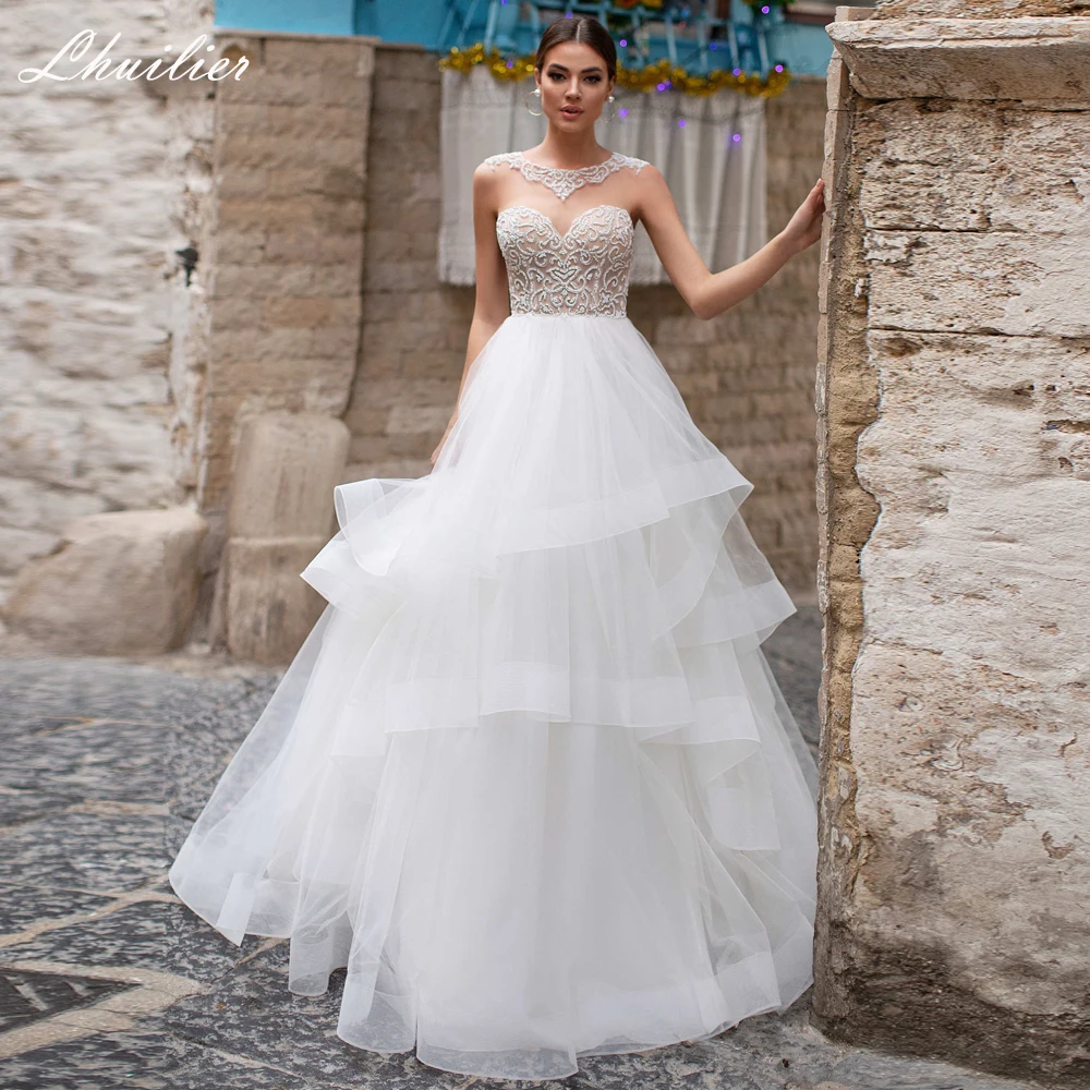 

Lhuilier A-line Scoop Neck Beaded Wedding Dresses Floor Length Sleeveless Tulle Tiered Court Train Bridal Dress