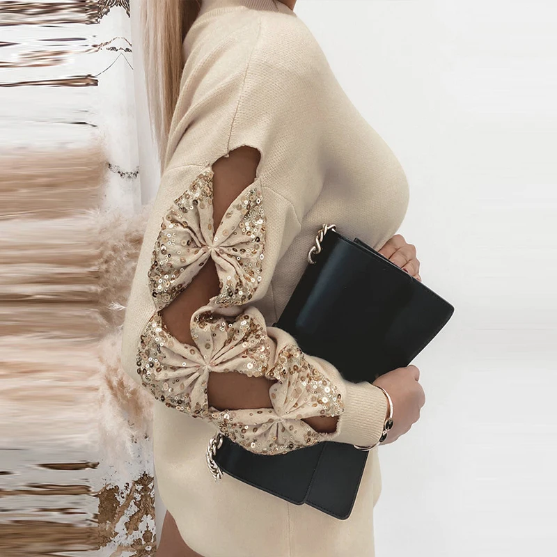 

Sexy Hollow Out Bow-knot Patchwork Ladies Dress Autumn Women Elegant Turtleneck Party Dress Streetwear Femme Mini Dress Vestidos