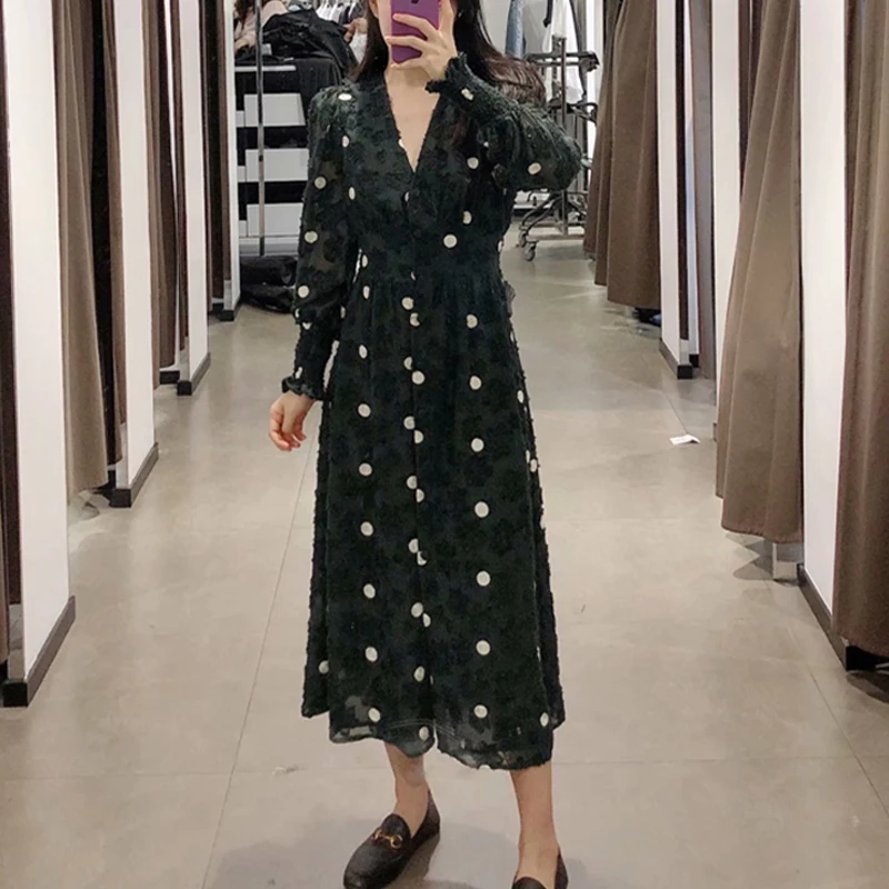 Осенне-зимнее сексуальное черное платье миди с v-образным вырезом для женщин