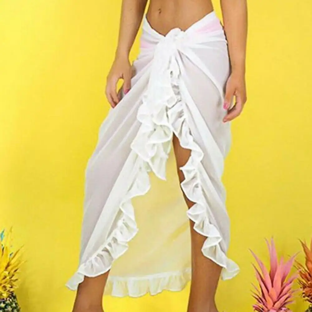 

See-Through Beach Cover Up Solid Color Women Ruffles Sunscreen Bikini Wrap Scarf bikini cover up beach wear купальники женские
