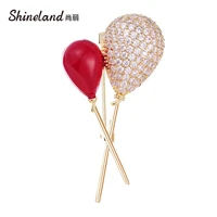 shineland high quality red balloon enamel pin rhinestone gold color brooches women girl clothing accessories cute gift wedding