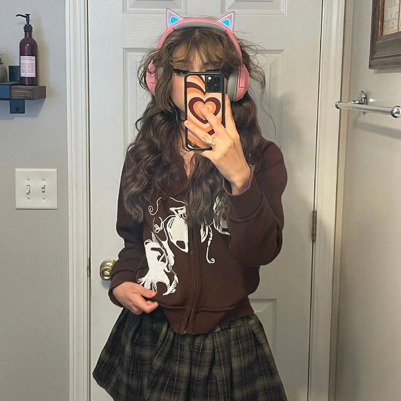 

Winter women's anime dark brown y2k fashion graffiti print zipper hooded slim sweatshirt kawaii Blouse grunge coats jackets