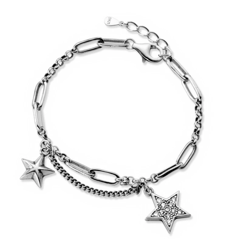 

Korean Fashion Hip Hop Rock Punk Style Two Stars Bracelets For Women Link Chain Cubic Stones S Real Armband Boho Gift