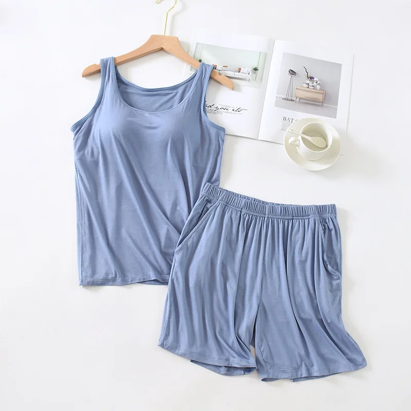 New Sleeveless Sexy Top + Shorts Sleepwear Set Modal Cotton Pajamas Women Bra Padded Nightwear Pijamas Comfortable Night Suit