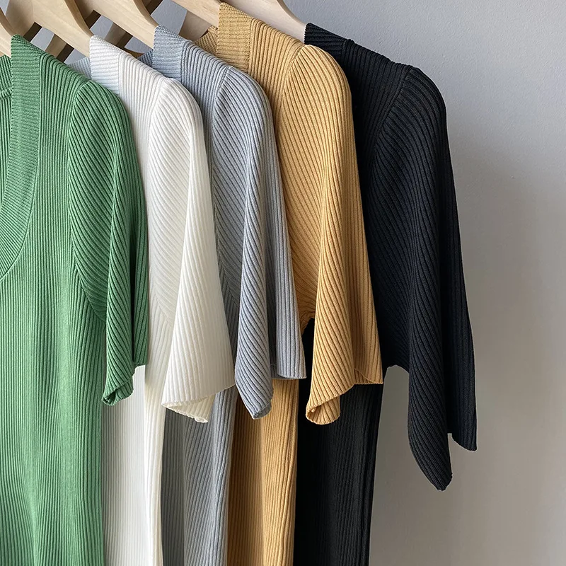 

Chic Fashion U-neck Short Sleeve Women T-shirts Solid Slim Ice Silk Tees 2021 Summer New Work Style Ol Simple Elegant Tops